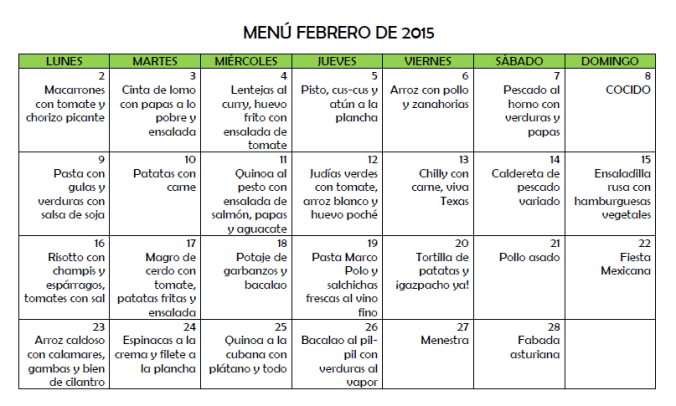 Menú febrero 2015
